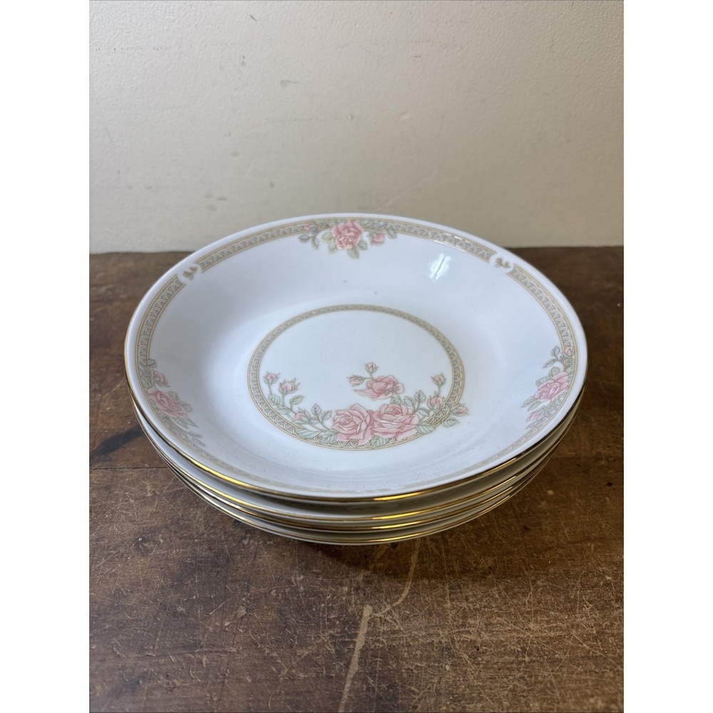 Crown Ming Windsor Jian Shiang 7.5" Coupe Soup Bowls Pink Roses Gold Trim Set 4